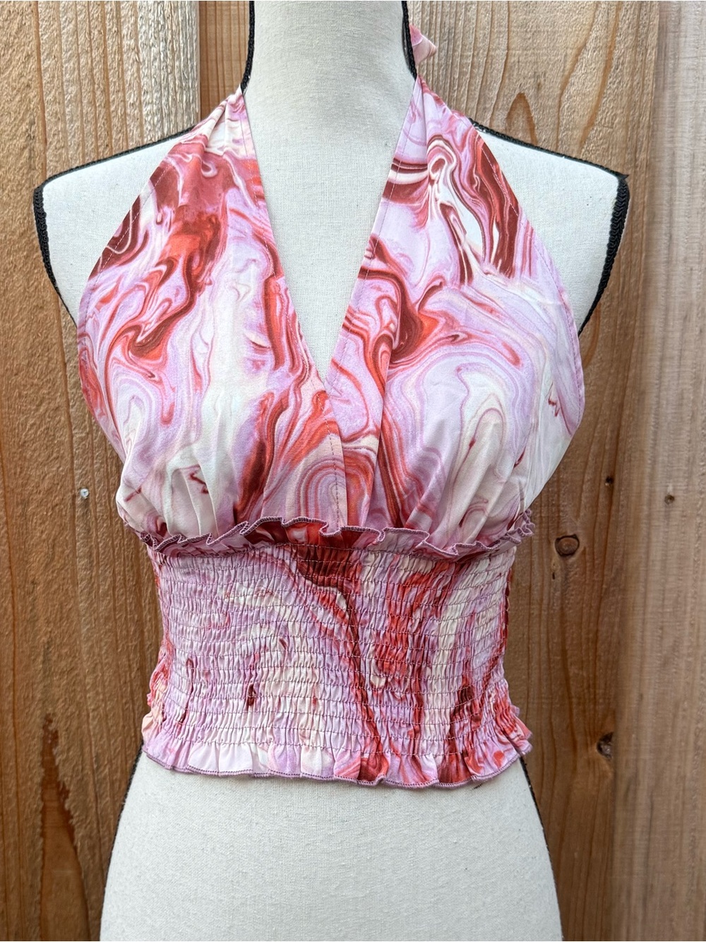 Sweet Rain Pink and Red Marble Halter Smocked Crop Top